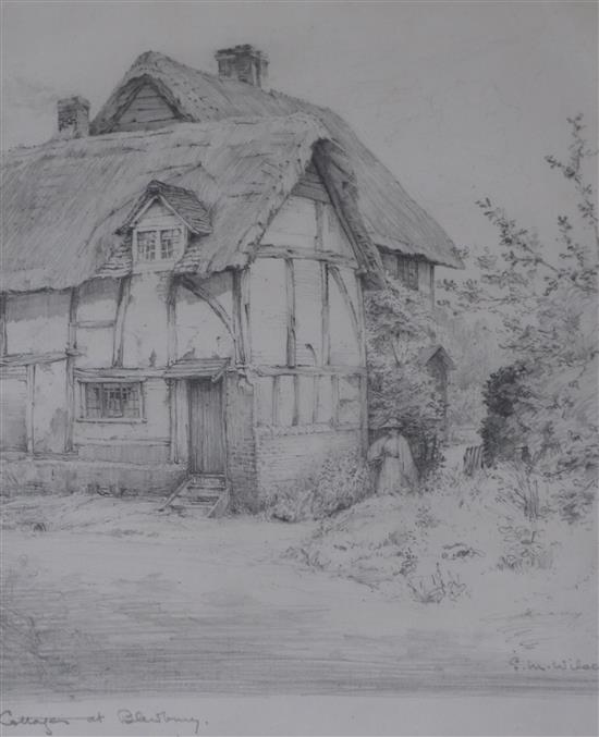 G M Wilson, pencil drawing, Cottages at Blewbury, signed, 21 x 17cm